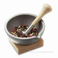 Mortar and Pestle Set, Made of Cast Iron with Wooden Base, 13cm Length